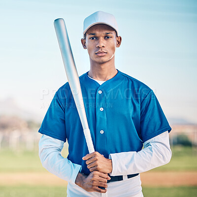 Portrait, baseball and bat with a sports black man outdoor on a field standing ready to play a competitive game. Fitness, exercise and training with a serious male athlete outside at a sport stadium