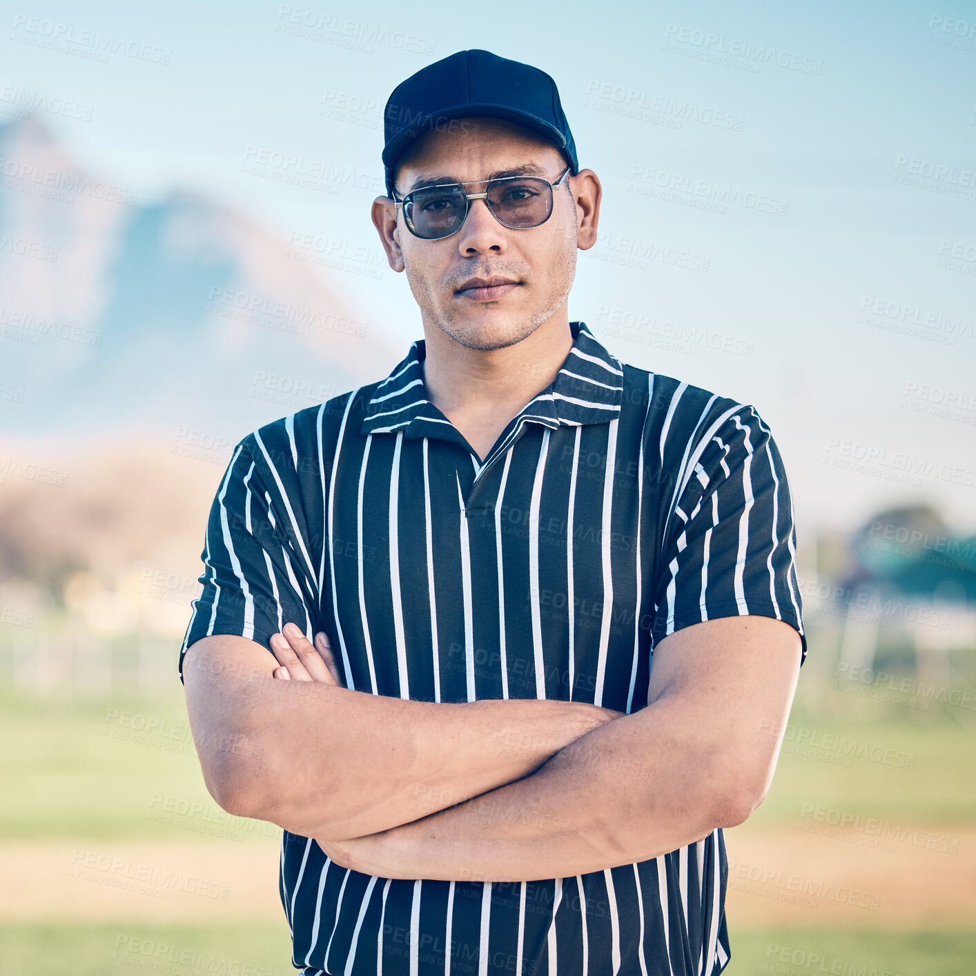 Buy stock photo Man, baseball and portrait of referee with arms crossed ready for game, rules or professional match at pitch. Confident and serious male sports expert in leadership or management for sport fitness