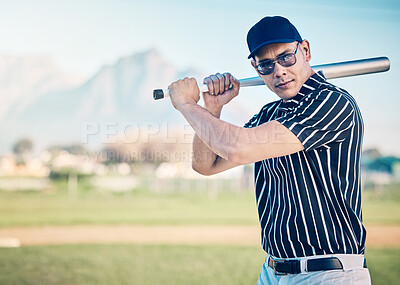 Buy stock photo Baseball player, man with bat and sports outdoor with athlete, exercise and professional, ready to hit and mockup. Playing game, fitness and pitch with active lifestyle, training and focus in Cuba