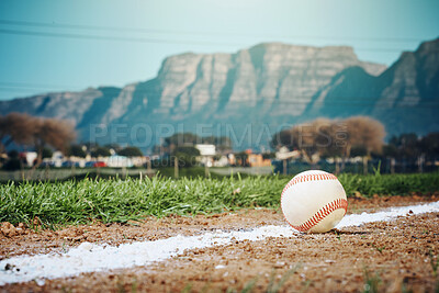 Buy stock photo Sports mockup, baseball field and ball on ground ready for game, practice and competition outdoors. Fitness, copy space and softball equipment on chalk for exercise, training and workout in match