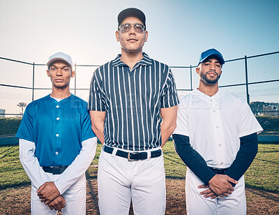 Buy stock photo Baseball, team and coach in portrait on pitch, athlete and sports with teamwork, solidarity and men with confidence. Winner mindset with fitness and together in a community, motivation and training