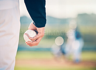 Buy stock photo Baseball player, ball and athlete or pitcher hand in a competitive match or game on the sports field for training. Closeup, sportsman and person playing a sport or softball as exercise and fitness