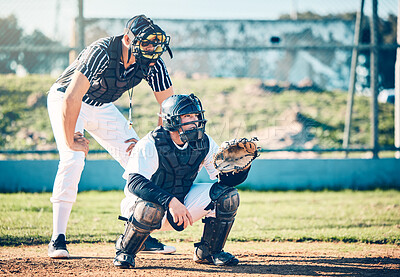 Buy stock photo Sports, umpire and baseball with man on field for fitness, training and competition match. Strike, home run and catcher with athlete playing game in park stadium for league, pitchers and exercise