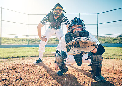 Buy stock photo Sports, baseball and catcher with man on field for fitness, pitching and championship training. Workout, umpire and exercise with athlete playing at stadium for competition match, cardio and league
