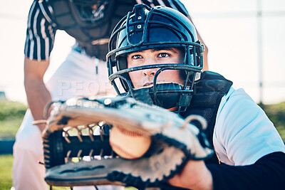 Buy stock photo Baseball, catcher and fitness with man on field for training, umpire and sports competition. Workout, exercise and pitching with athlete playing in park stadium for games, match and wellness