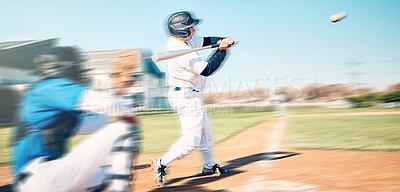Baseball bat, athlete swing and speed ball on a outdoor sport field with team and blur. Sports fast pitch, softball player and man on stadium ground in a stadium and usa game for fitness training
