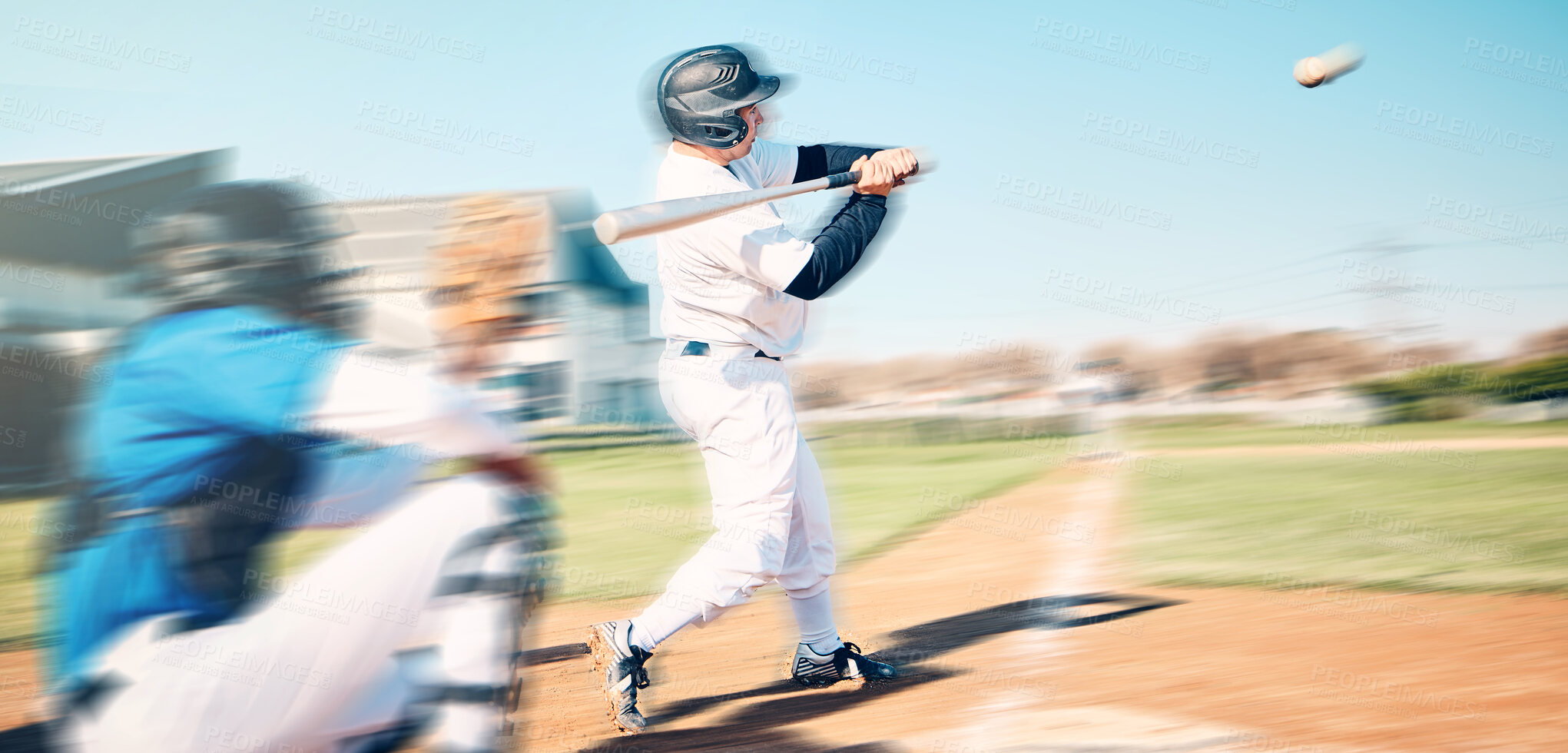 Buy stock photo Baseball bat, athlete swing and speed ball on a outdoor sport field with team and blur. Sports fast pitch, softball player and man on stadium ground in a stadium and usa game for fitness training