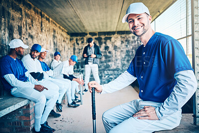 Baseball player, portrait and sports stadium dugout with softball team ready for ball game. Training, exercise and motivation of a young athlete from Dominican Republic with a smile for fitness