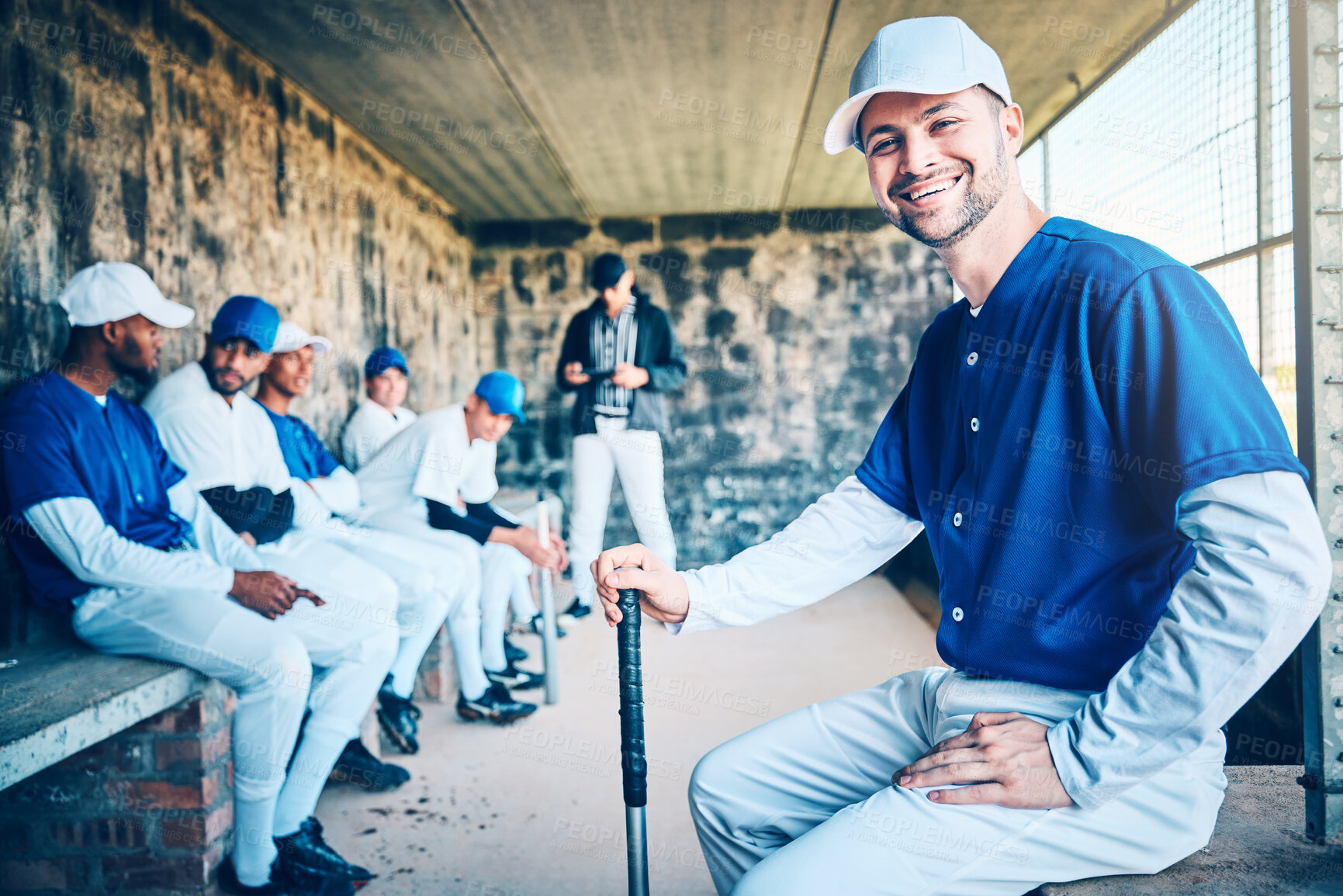 Buy stock photo Baseball player, portrait and sports stadium dugout with softball team ready for ball game. Training, exercise and motivation of a young athlete from Dominican Republic with a smile for fitness