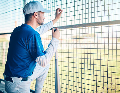 Buy stock photo Sports, ready and man watching baseball, training and thinking of a strategy for a game. Fitness, idea and player waiting to start a match, competition or sport on a field for fitness and exercise
