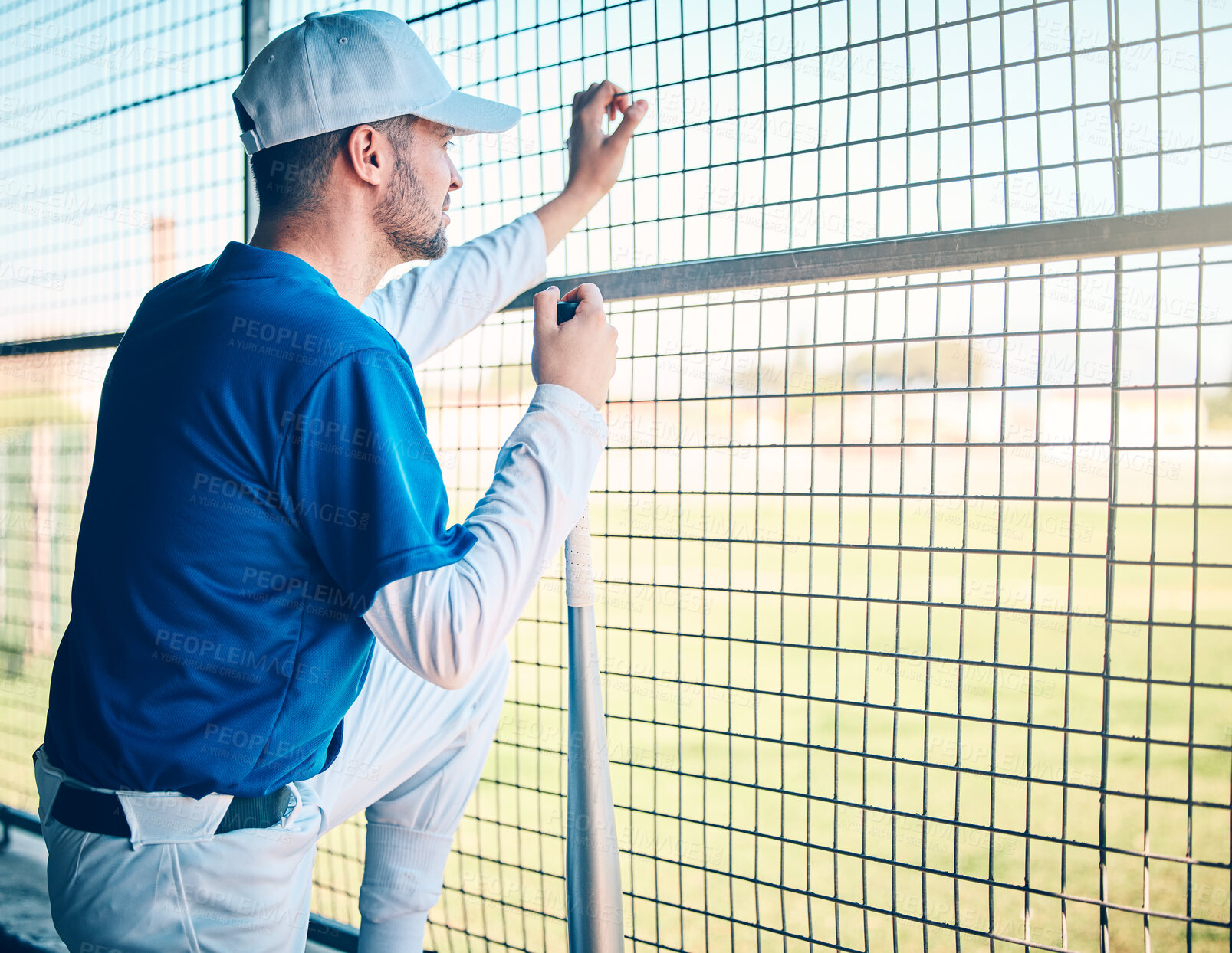 Buy stock photo Sports, ready and man watching baseball, training and thinking of a strategy for a game. Fitness, idea and player waiting to start a match, competition or sport on a field for fitness and exercise