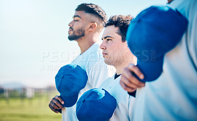 Buy stock photo Baseball team, hat and sport with anthem, competition and respect with focus, motivation and solidarity for contest. Athlete men, sports and together with diversity, mindset and silent with pride
