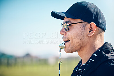 Buy stock photo Coach, blowing whistle and sports training on a field with a man outdoor for competition or challenge. Fitness trainer or teacher person face profile for athlete game, coaching and pitch strategy