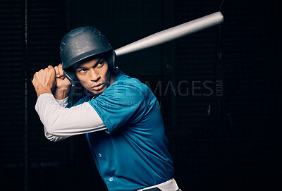 Buy stock photo Sports, baseball and man with bat on black background ready to hit ball in game, practice and competition. Fitness, sport mockup and male athlete outdoors for exercise, training and workout for match