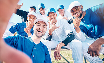 Buy stock photo Sports, baseball and selfie with men on field for training, social media and competition match. Confident, happy and smile with group of athlete and picture in park for relax, practice and friends