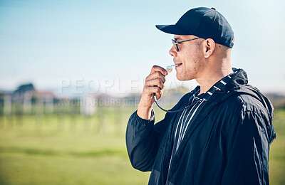 Buy stock photo Coach, blowing whistle and sports training on a field with a man outdoor for competition or challenge. Fitness trainer or teacher person on grass for athlete game, coaching and pitch time strategy