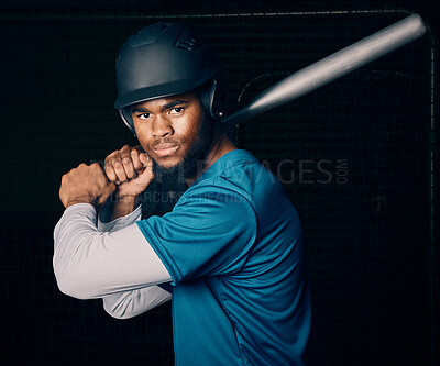 Buy stock photo Sports, baseball and portrait of black man with bat ready to hit ball in game, practice and competition. Fitness, sport mockup and serious male athlete on dark background for exercise and training