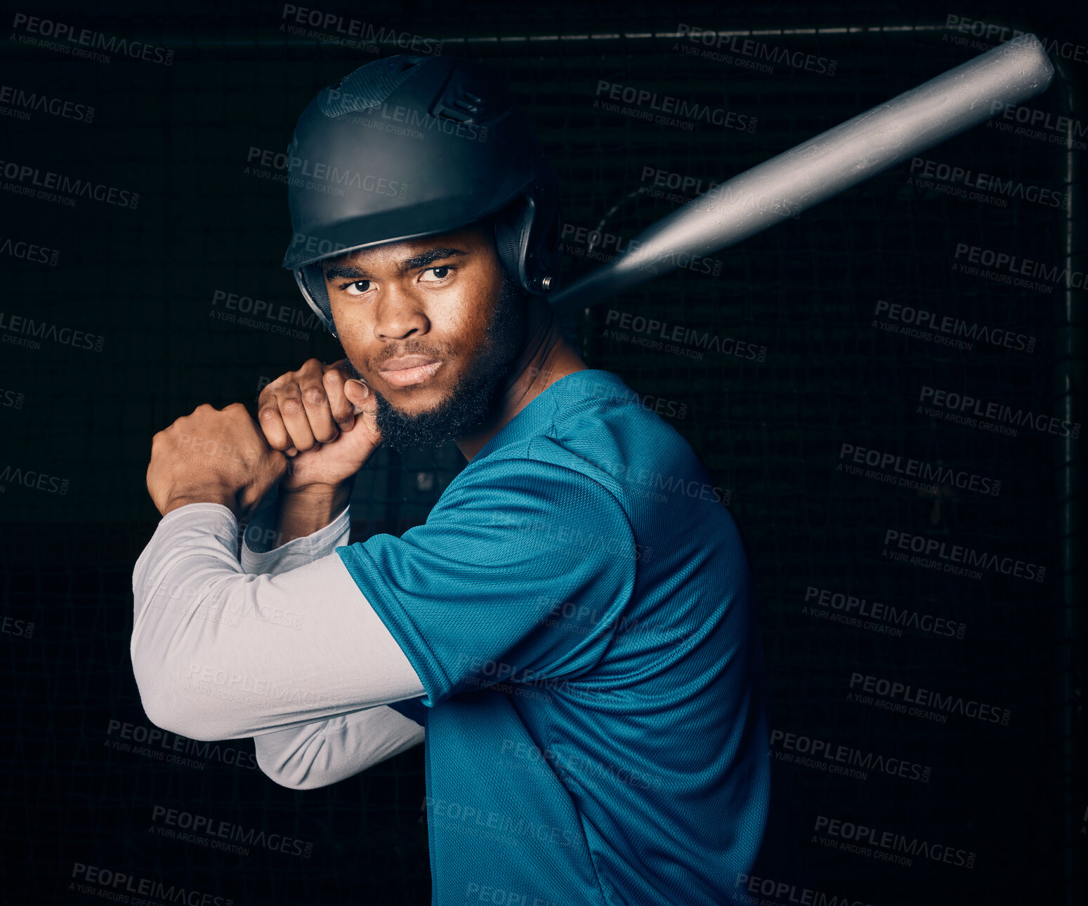 Buy stock photo Sports, baseball and portrait of black man with bat ready to hit ball in game, practice and competition. Fitness, sport mockup and serious male athlete on dark background for exercise and training