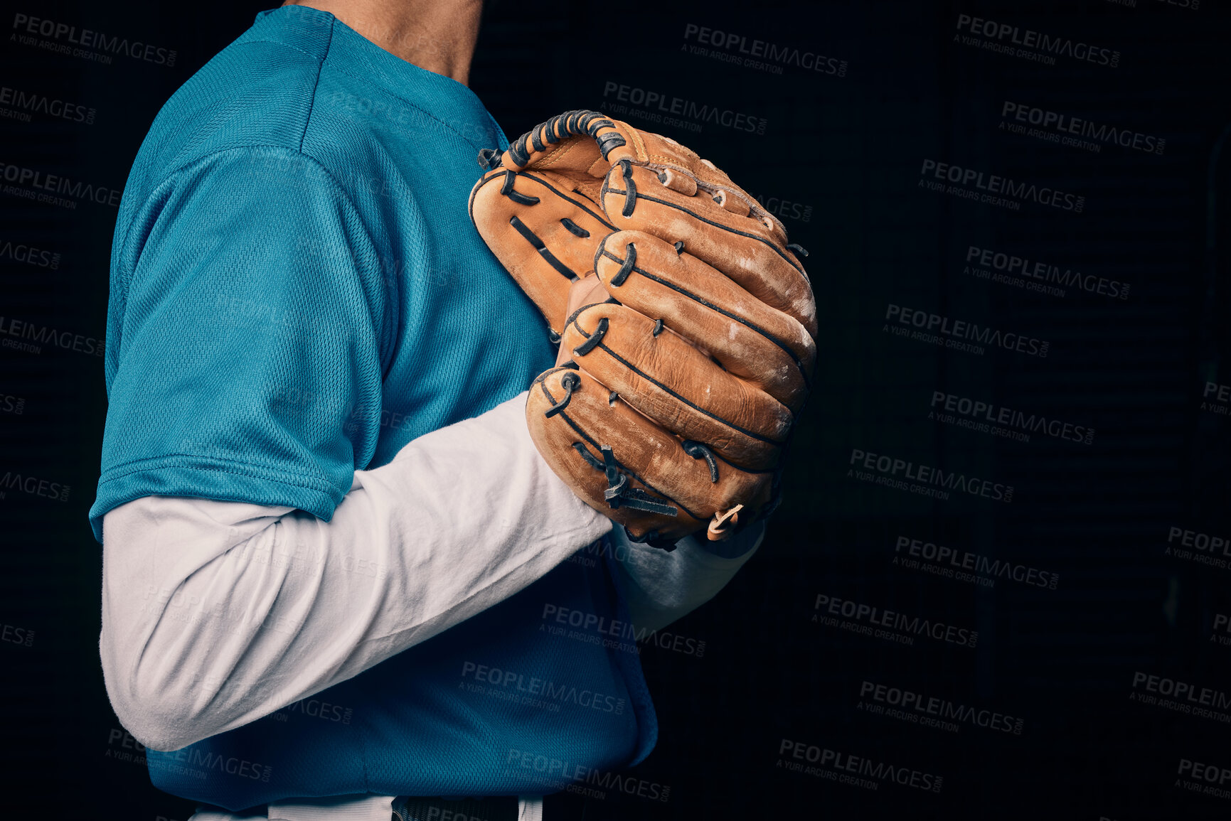 Buy stock photo Baseball pitcher, hand and glove in studio for sport, training and throwing by black background. Man, cropped and hands for exercise, strikeout or athlete with sports, game or competition for workout