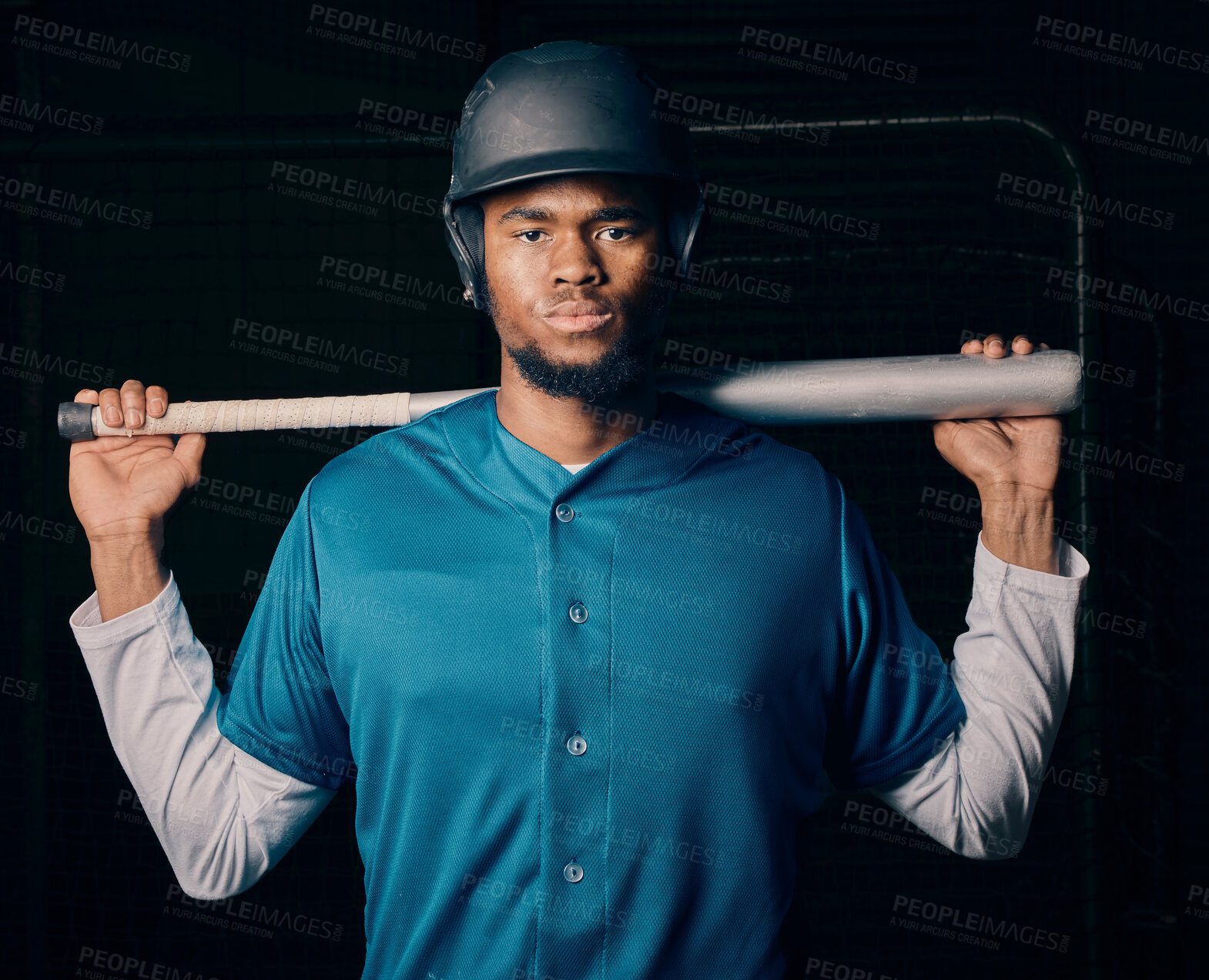 Buy stock photo Sports, baseball and portrait of black man with bat on dark background ready for game, practice and competition. Fitness, sport mockup and male athlete for exercise, training and workout for match