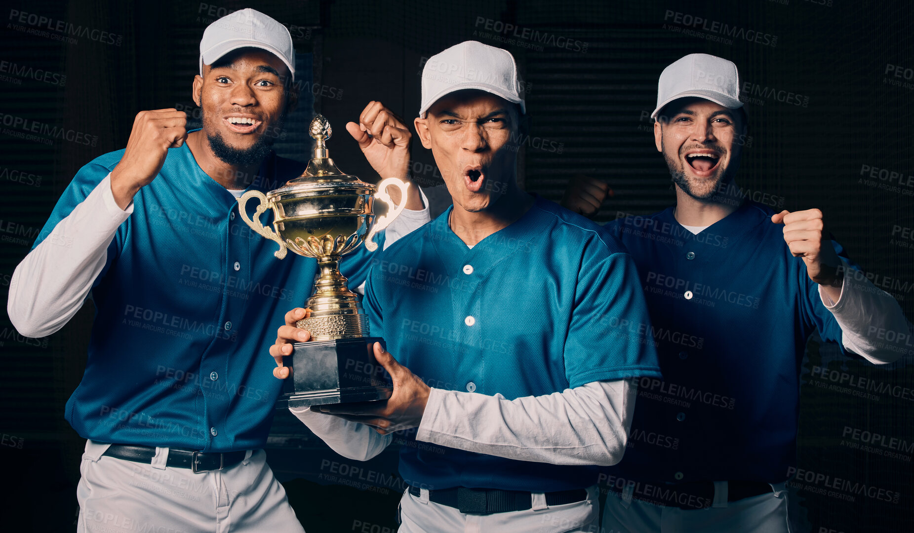 Buy stock photo Baseball trophy, team portrait and winner celebration of a sports group with a smile and motivation. Celebrating, excited and fitness friends happy from sport training achievement award in studio