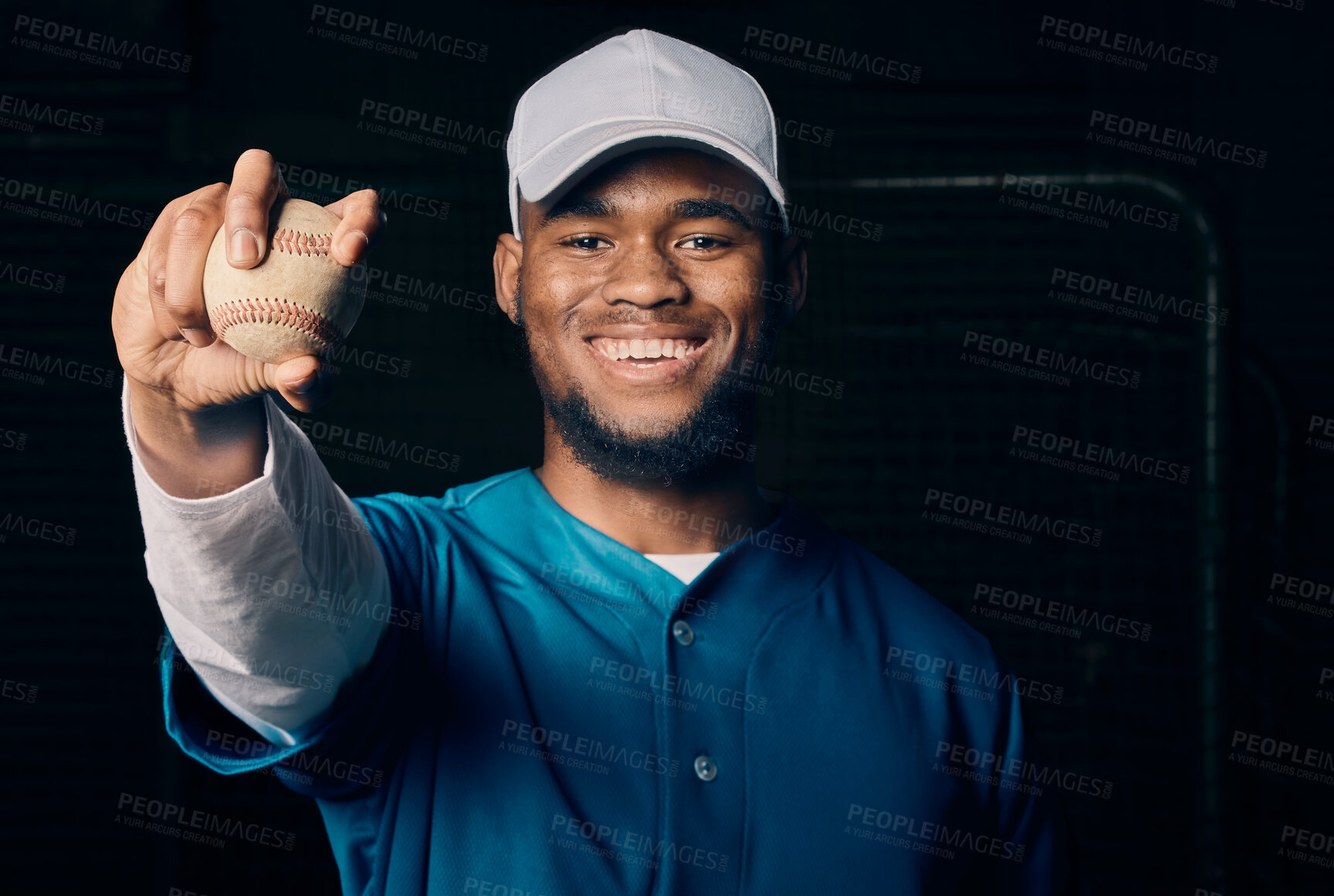 Buy stock photo Sports, baseball and smile with portrait of black man for training, wellness and happiness. Strong, professional and pitching with athlete holding ball for workout, health and competition match 