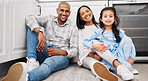 Family, portrait and kitchen of a mother, father and girl together at home on the ground. Mom, dad and child with parents love, care and support in a house feeling happiness and relax in the morning