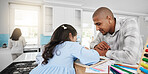 Education, homeschool and man with child drawing in kitchen, teaching and learning maths and help with homework. Home school, dad and kindergarten girl coloring and writing in notebook on counter.