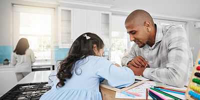 Buy stock photo Education, homeschool and man with child drawing in kitchen, teaching and learning maths and help with homework. Home school, dad and kindergarten girl coloring and writing in notebook on counter.