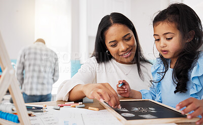 Buy stock photo Education, homeschool and woman with child drawing in , teaching and learning maths and help with homework. Home school kid, mom and kindergarten girl coloring and writing with chalk for development.