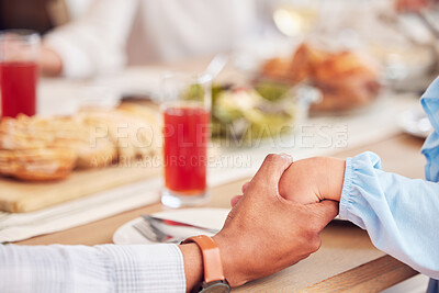 Buy stock photo Appreciation, lunch and family holding hands for prayer, gratitude and celebration. Support, love and group of people praying for food, dinner or breakfast, saying thanks and celebrate while eating