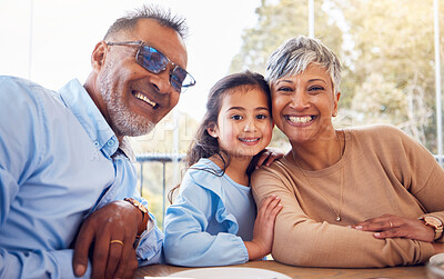 Buy stock photo Family, portrait of grandparents and child in cafe on summer holiday together with smile and happiness. Mature man, woman and little girl at table in restaurant for lunch while on vacation with love.