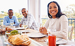 Food, portrait and woman at friends brunch, lunch and  celebration event for happy reunion, bond or quality time. Love smile, happiness and group of people eating meal together at Mexico holiday home