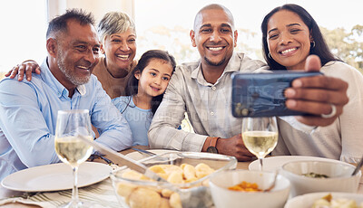 Buy stock photo Black family selfie, lunch and smile in home with men, women and girl at table for celebration on web app. Man, smartphone photography and profile picture for social media with kid, parents and woman