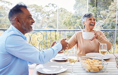 Buy stock photo Friends pass food, lunch and happy people at brunch celebration event for reunion, bonding and enjoy quality time together. Eating meal, smile and woman and man laugh at funny joke in Mexico home