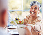 Pass salad food, lunch and happy people at brunch celebration event for reunion, bonding and enjoy quality time together. Eating vegan meal, nutritionist or senior woman laugh at funny joke in Mexico