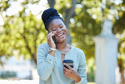 Buy stock photo Black woman, phone communication and morning outdoor with blurred background and laughing. Smile, networking and business employee on a work break on a mobile conversation and discussion by trees