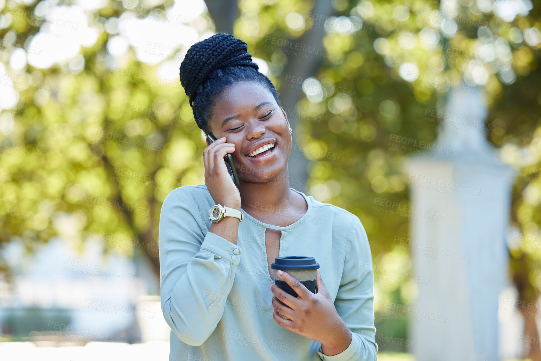 Buy stock photo Black woman, phone communication and morning outdoor with blurred background and laughing. Smile, networking and business employee on a work break on a mobile conversation and discussion by trees