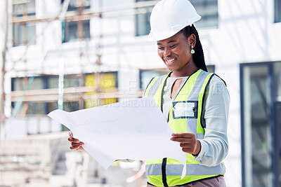 Buy stock photo Architect, black woman and blueprint for building at a construction site, happy and positive mindset. Building, project manager and lady worker with paper, plan and idea for innovation or renovation