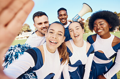 Buy stock photo Selfie, team and group with fitness, outdoor and happiness with victory, winning and competition. Portrait, happy friends and people with smile, field and workout for match, development and training 