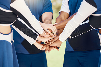Buy stock photo Hands, teamwork and motivation with cheerleaders in a huddle for support during a sports game or competition. Training, event and a group of cheerleading women in a circle for a performance