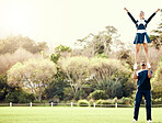 Cheerleading student, lift and mockup outdoor for on cheer camp with exercise and fitness. Students, air pose and strong male athlete doing training and workout with cardio and mock up in nature