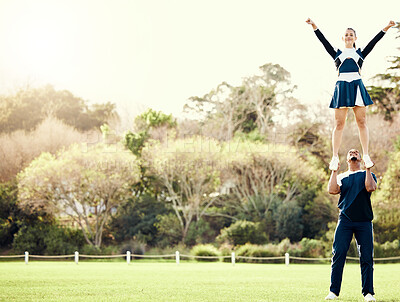Buy stock photo Cheerleading student, lift and mockup outdoor for on cheer camp with exercise and fitness. Students, air pose and strong male athlete doing training and workout with cardio and mock up in nature