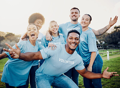 Buy stock photo Happy, volunteers and portrait of friends on a farm having fun together with happiness, joy and unity. Sustainable, agriculture and diverse people working or volunteering in eco friendly environment.