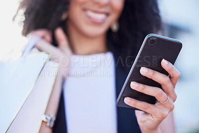 Buy stock photo City, shopping and black woman with phone for app, web and internet search, happy and excited for sale. Smartphone, hand and girl with bags outdoors at a mall, texting or browsing for online discount