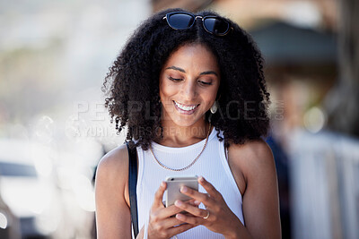 Buy stock photo Black woman, afro and phone on city social media, sales promo or clothes discount deals on internet website. Smile, happy and relax urban fashion on mobile technology, retail customer or consumer app