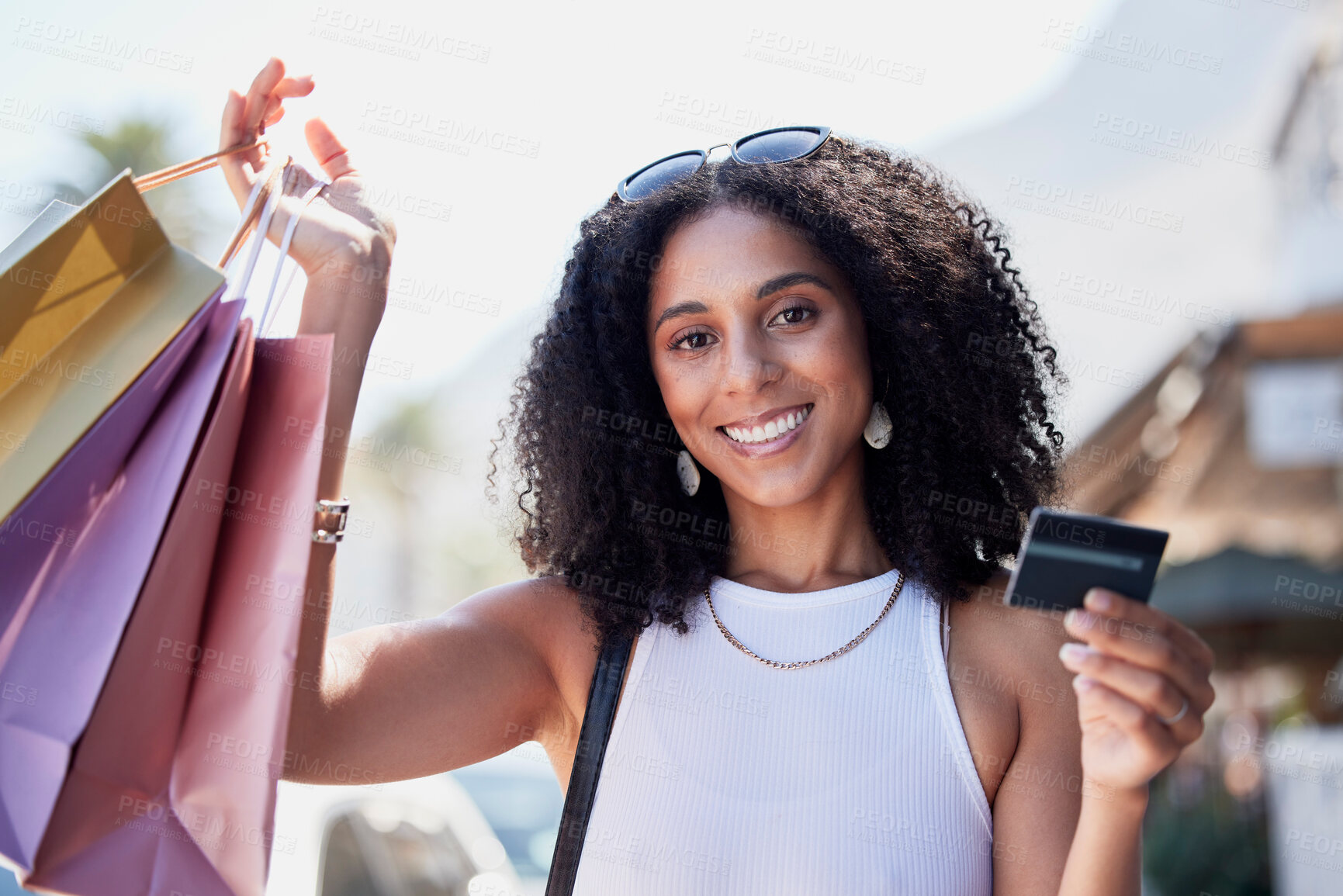 Buy stock photo Black woman, portrait or shopping bags with credit card in city for clothes sales, fashion deals or discount payment. Smile, happy or retail customer with banking budget, gifts or promotion present