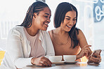 Women friends, coffee shop and phone with smile, happy and laugh at comic meme on social network. Gen z black woman, smartphone and relax in cafe with blog, funny video or texting app ux on internet