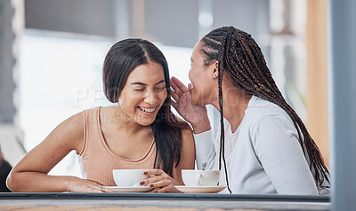 Buy stock photo Talking, laughing and friends at a cafe for coffee, gossip and sharing secrets. Smile, conversation and women speaking, chatting and relaxing with tea, funny jokes and friendship in a restaurant