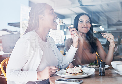 Buy stock photo Food, friends and smile, women in cafe eating together on lunch date on fun summer weekend. Friendship, social and hungry people, girl and friend in restaurant or coffee with sunshine and sandwich.